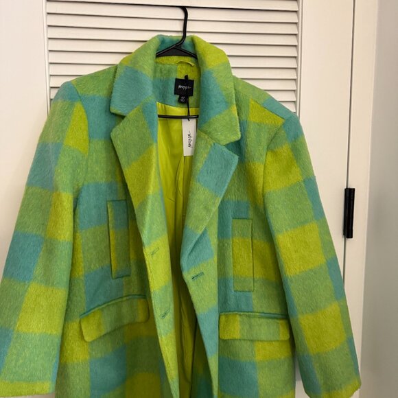 NWT Nasty Gal Premium Longline Green Plaid Coat Size 8 - Picture 4 of 5